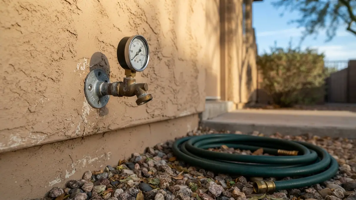 A pressure test gauge on an outdoor hose bib of a tan stucco wall - Leak Detection in Glendale