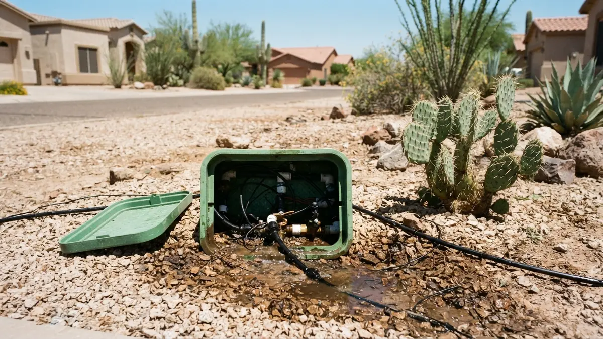 An open irrigation valve box in a gravel front yard with a wet patch of soil around it - Slab Leak Detection in Glendale