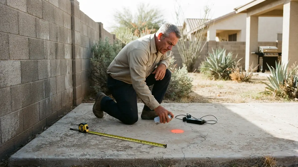 Technician marking the located leak with orange paint on a backyard concrete slab - Leak Detection in Glendale