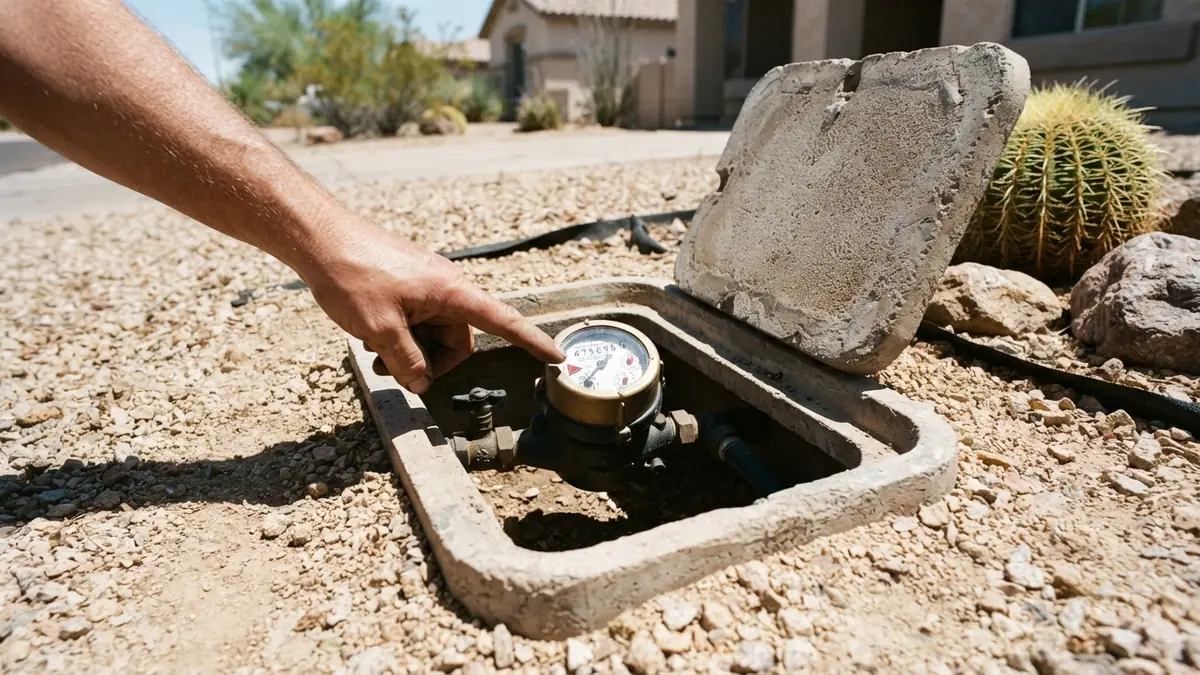 A hand pointing at the low-flow indicator on a water meter in a gravel front yard - Leak Detection in Glendale