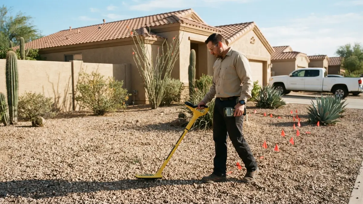 Technician sweeping a pipe locator across a gravel front yard with orange flags marking the buried water line - Slab Leak Detection in Glendale