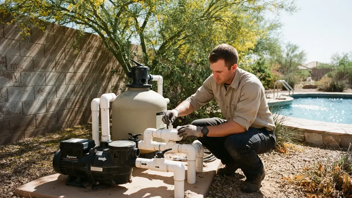 Technician pressure-testing the plumbing at a backyard pool equipment pad - Leak Detection in Glendale