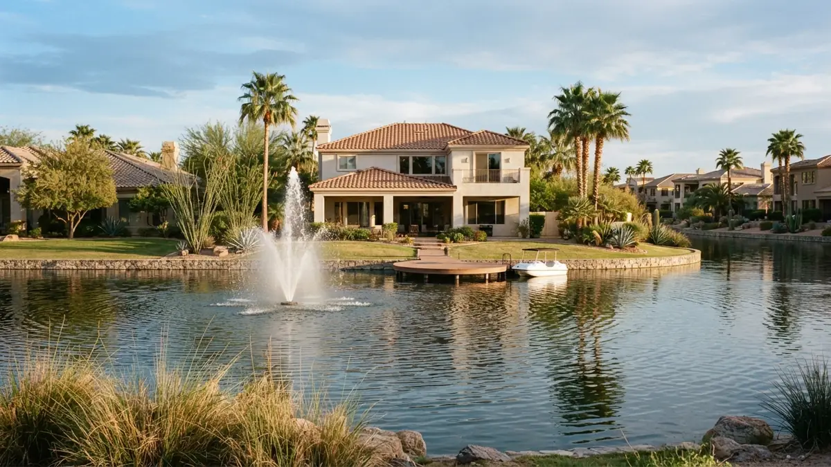 Lakefront stucco homes across a man-made lake with a fountain at Arrowhead Lakes - Leak Detection in Arrowhead Lakes