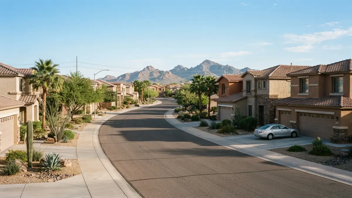 A curving street of two-story tile-roof stucco homes in the Arrowhead Ranch master-planned community - Leak Detection in Arrowhead Ranch