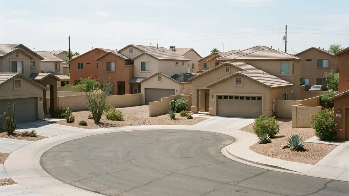 Compact 1990s two-story stucco homes on small lots along a Marshall Ranch cul-de-sac - Leak Detection in Marshall Ranch
