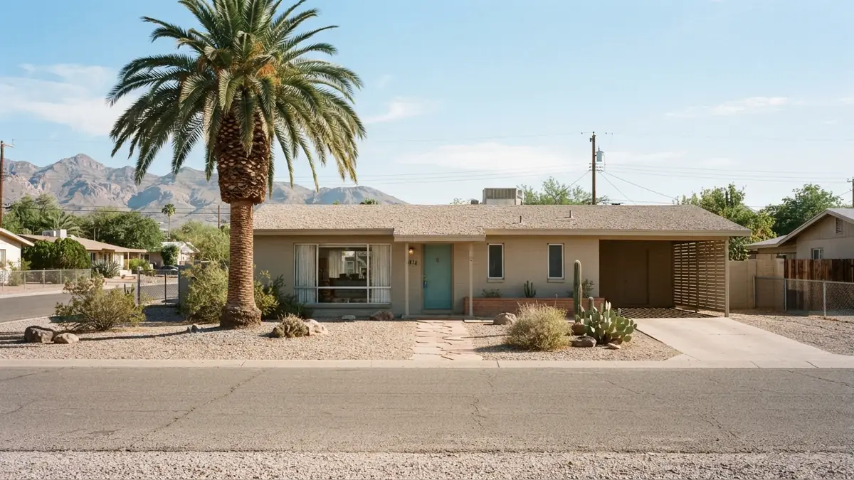 A late-1950s block-wall ranch house with a date palm on a wide Thunderbird Estates street - Leak Detection in Thunderbird Estates