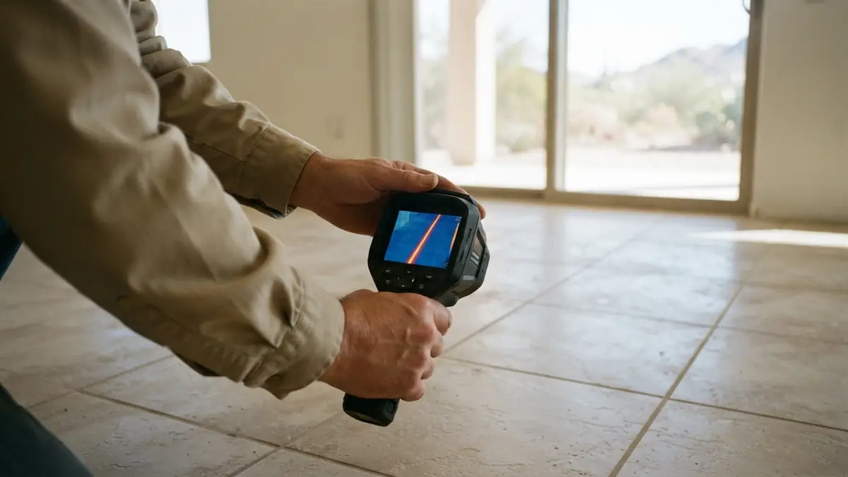 Thermal imaging camera showing a warm line beneath a tiled floor in an Arizona home - Leak Detection in Glendale