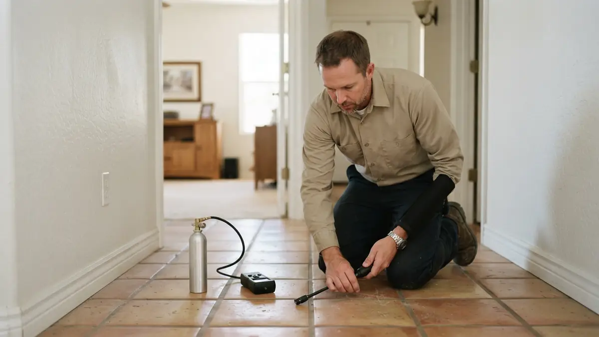 Technician holding a tracer-gas sniffer probe to a tiled hallway floor - Emergency Leak Detection in Glendale